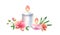 Watercolor two candles arrangement. Orange orchid flowers and tropical leaves. Spa and cosmetic products isolated on