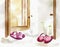 Watercolor of two pairs of slippers by the bedroom door