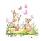Watercolor of two rabbits playing and catching pink butterflies. Bunnies play in a flowering meadow.