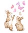 Watercolor of two rabbits playing and catching pink butterflies. Isolated.