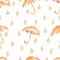 Watercolor umbrella with raindrops seamless pattern. Hand drawn in yellow and orange colors background.
