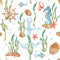 Watercolor under the sea hand drawn seamless pattern with cute fishes, seahorse, nautical anchor, seaweeds, red starfish