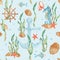 Watercolor under the sea hand drawn seamless pattern with cute fishes, seahorse, nautical anchor, seaweeds, red starfish