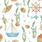Watercolor under the sea hand drawn seamless pattern with cute fishes, ship, boat, wooden steering wheel, seaweeds