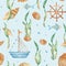 Watercolor under the sea hand drawn seamless pattern with cute fishes, ship, boat, wooden steering wheel, seaweeds