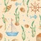 Watercolor under the sea hand drawn seamless pattern with cute fishes, ship, boat, wooden steering wheel, seaweeds