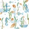 Watercolor under the sea hand drawn seamless pattern with cute ship, boat, fishes, seahorse, nautical anchor, seaweeds