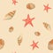 Watercolor under the sea hand drawn seamless pattern with red starfish and seashells on beige background. For fabric