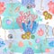 Watercolor under sea, seamless pattern. Colorful watercolor corals and shells. Textile print.