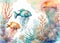 Watercolor undersea background. Jellyfish, underwater plants, fish in soft pastel. Amazing digital illustration. CG