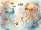 Watercolor undersea background. Jellyfish, underwater plants, fish in soft pastel. Amazing digital illustration. CG