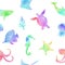 Watercolor underwater color fishes and animals shapes seamless pattern on white background