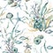 Watercolor underwater seamless pattern of fish, gold shell, linear laminaria and coral. Underwater animals and plant