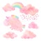 Watercolor unicorn and clouds with rain and rainbow