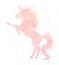 Watercolor unicorn silhouette painting with splash texture isolated on white background. Cute illustration.