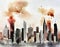 Watercolor of Urban skyline faces war with smoke and