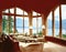 Watercolor of Vacation lake luxury mountain house living room