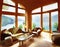 Watercolor of Vacation lake luxury mountain house living room