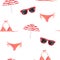 Watercolor vacation pattern with red glasses, umbrella, swimsuit on white background