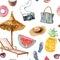 Watercolor vacation seamless pattern. Hand painted summer beach objects: sunglasses, beach umbrella, watermelonl, beach