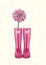 Watercolor Valentine greeting card with pink wellies and gerbera. Rubber boots with flowers and I love spring card