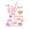 Watercolor Valentine's day arrangement. Hand drawn cute romantic composition with pitcher, donuts, branches, hearts