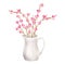 Watercolor Valentine's day decor illustration. Hand painted white pitcher with wood branches decorted with pink hearts