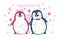 Watercolor valentines card with pink penguin girl and turquoise penguin boy. Postcards for Valentine`s Day, with hearts and