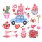 Watercolor Valentines day collection. Hand drawn hearts, retro delivery car with special gifts, cupid arrow, cacti, cupcake, key