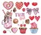 Watercolor Valentines day desserts set, isolated. Hand painted treats. Cupcakes, ice cream float, sugar cookies, doughnut