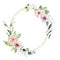 Watercolor Valentines Day floral golden geometrical oval wreath with rose greenery