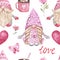 Watercolor Valentines day gnome couple seamless pattern. Cute gnomes repeat print with hot cocoa pink heart flowers