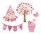 Watercolor Valentines day illustrations set, gnome, heart tree, sweet cupcake dessert, isolated on white background