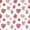 Watercolor Valentines day sweets, treats and dessert seamless pattern on white background. Red and pink cake, ice cream, doughnut