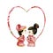 Watercolor Valentines illustration. Chinese, korean bride and groom toys in red dresses with floral heart shape frame