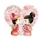 Watercolor Valentines illustration. Chinese, korean bride and groom toys in red dresses with floral peony heart shape