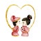 Watercolor Valentines illustration. Chinese, korean bride and groom toys in red dresses with golden heart shape frame