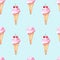 Watercolor vanilla ice cream seamless pattern with red cherry. Cold summer dessert art print with pastel blue background