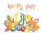 Watercolor variety of pumpkins with fall tree leaves. Orange, blue, green pumpkins, isolated. Autumn holidays background