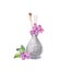 Watercolor vase with lilac flowers. Refresher with wooden sticks. Interior decotation of grey stone. Realistic