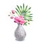 Watercolor vase with orchid flowers. Tropical bouquet with palm leaves. Interior decoration of grey stone. Realistic