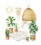 Watercolor vector aesthetic room decor and indoor plants.