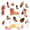 Watercolor vector autumn shoes collection including cloud with rain drops, umbrella, scarf, leaf, cup of tea, book and