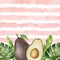 Watercolor vector banner tropical leaves and avocado isolated on the background of stripes.