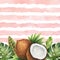 Watercolor vector banner tropical leaves and coconut isolated on the background of stripes.