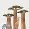 Watercolor vector baobab adansonia african tree with zebra and giraffe illustrations