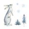 Watercolor vector card with a rabbit, fir trees and snowflakes.