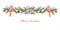 Watercolor vector Christmas banner with fir branches, Bird Cardinal and bells.