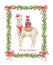 Watercolor vector Christmas card Llama or alpaca and fir branches.