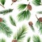 Watercolor vector Christmas seamless pattern with green fir branches and cones.